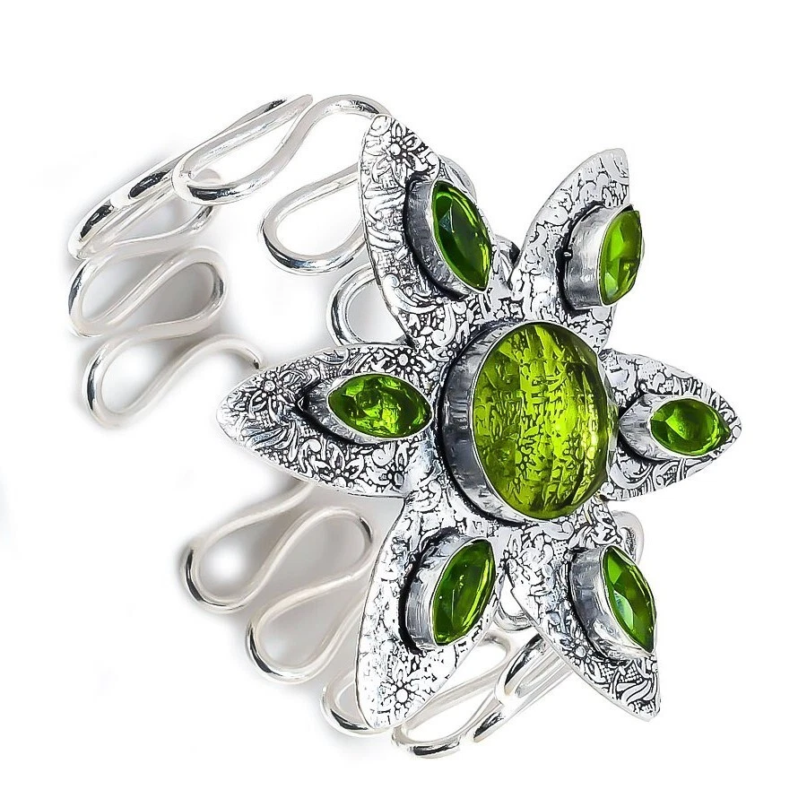 Green Peridot Gemstone Ethnic 925 Sterling Silver Handmade Jewelry Bangle/Cuff - Image 2 of 4