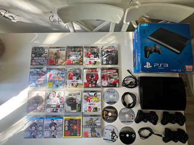 Sony PlayStation 3 Super Slim 500GB Schwarz Bundle 3 Controller Kabel Spiele OVP