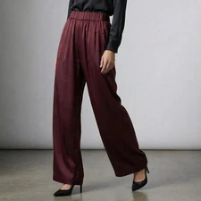 NEW! QUINCE 100% silk wide leg pants elastic waist with pockets burgundy S