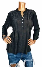 Notations L Top NWT$44 Stretch Black Pleated Textured Loose Fit High Low Blouse