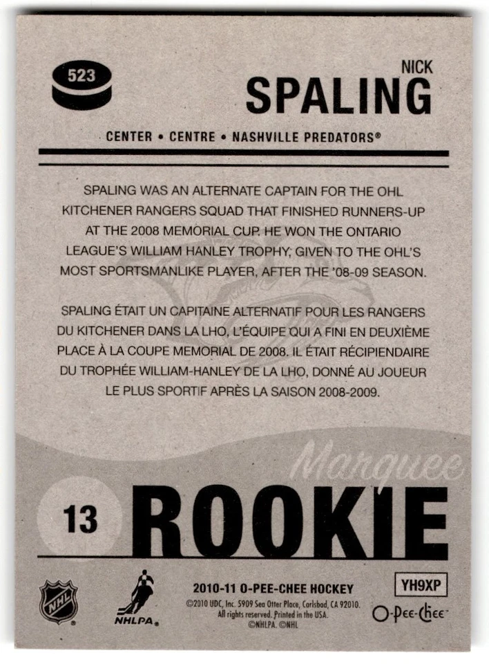 2010-11 O-Pee-Chee Nick Spaling Rookie #523 Nashville Predators - Image 2 of 2