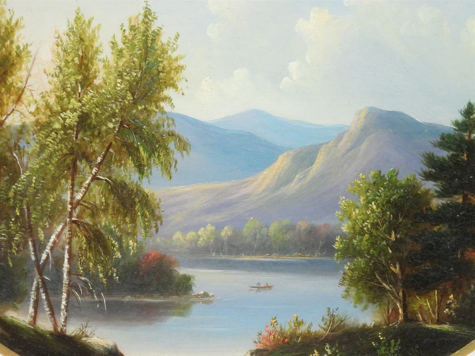 ÓTIMO! Pintura antiga de paisagem de lago montanha vale do rio Hudson C.1880 - Imagem 4 de 4