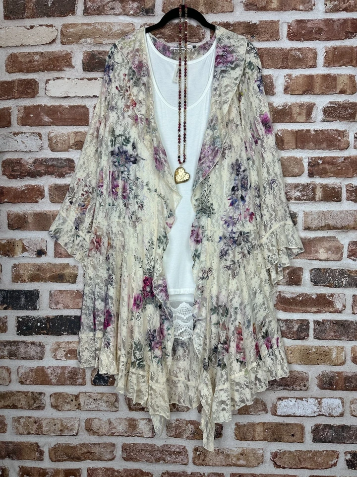 Cárdigan plumero kimono talla grande campesino vintage boho festival bordado encaje Foto 3 de 4