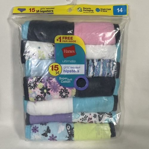 Hanes Ultimate Girls Tagless Cotton Hipsters Underwear 15 Pack Size 14