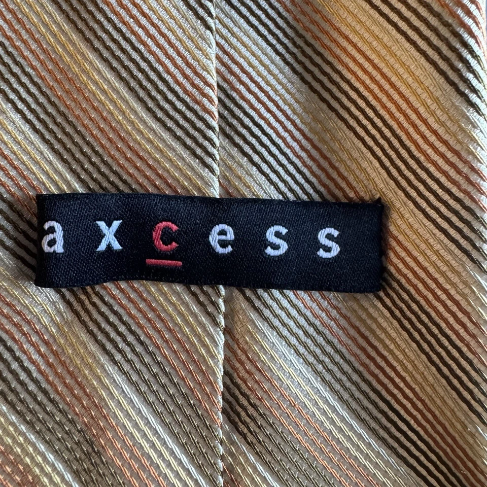 Corbata vintage Axcess para hombre 100 % seda hecha a mano rayas marrón tostado amarillo naranja Foto 4 de 4