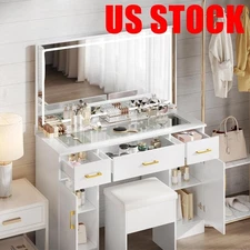 US Vanity Makeup Desk Dressing Table w/ Stool, LED Lighted Mirror & Power Outlet