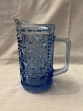 Vintage Federal Glass Blue Windsor Pattern Of Cane & Button/ Pitcher H 6”