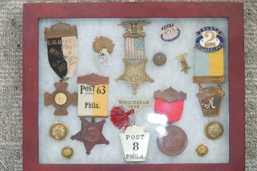 GAR Civil War Veteran Medals Badges FRAMED Membership Reunion 1880s Badges Phila