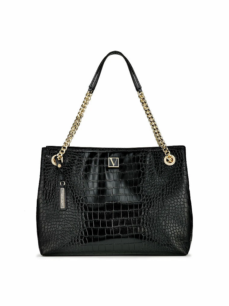 Victoria Secret V-quilted Shoulder Bag Tote Crocodile Black