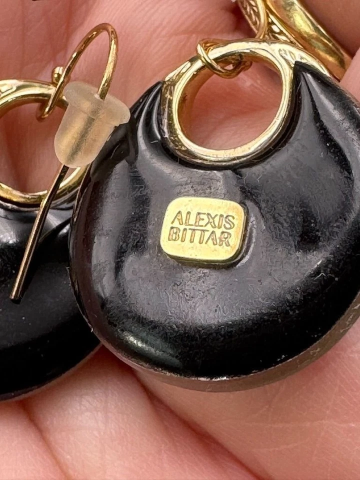 Alexis Bittar Earrings Gold Tone Black Resin Crescent Drop 1" - Image 4 of 4