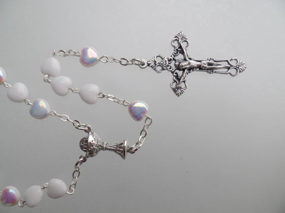  Kommunion Glas Rosenkranz Herz Perlen weiß Rosary  Kette Nr 6157 m. Kelch white - Bild 2 von 2