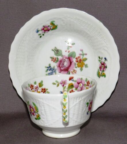 ANTIQUE STAFFORDSHIRE MOULDED BASKET WEAVE HAND PAINTED CUP & SAUCER C1825 - Picture 4 of 7