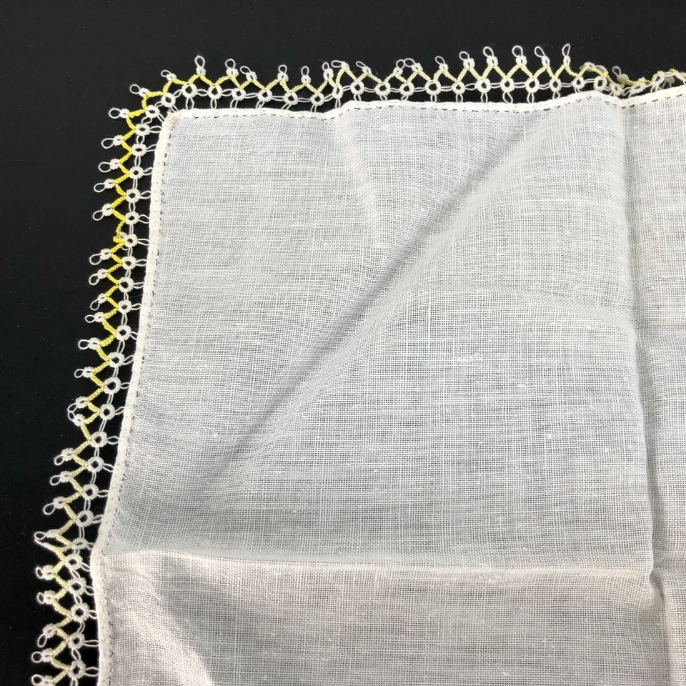 Pañuelo Vintage Pañuelo Irlandés Lino Mezcla de Encaje Borde de Algodón Amarillo Blanco Nuevo de Lote Antiguo Foto 4 de 4
