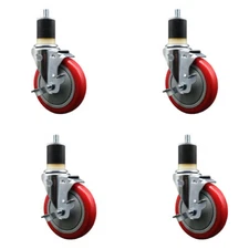 5 Inch Red Poly Swivel 1-7/8 Inch Expanding Stem Caster Set with Brake SCC