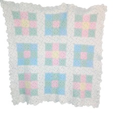 Vintage Handmade Crochet Checks Baby Blanket 30" X 31"
