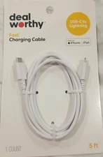 Deal Worthy Fast 5’ Charging Cable USB-C To Lghtng for iPhone/iPad - White - NEW