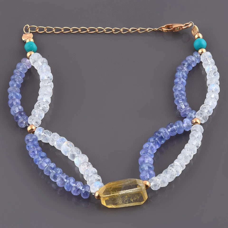 Natural Faceted Rainbow Moonstone Tanzanite 925 Silver 8.7" Chain Beads Bracelet - Image 2 of 4
