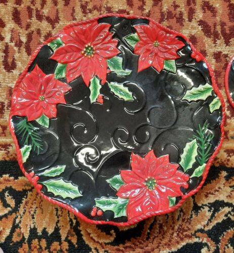 Beautiful Christmas 11" Serving Dish Cookie Plate Poinsettias and Swirls New - Picture 1 of 5