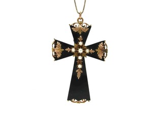 Victorian-Onyx-Cross-Brooch-Pendant-14K-Rose-Gold-and-Pearls-Antique-Mourning