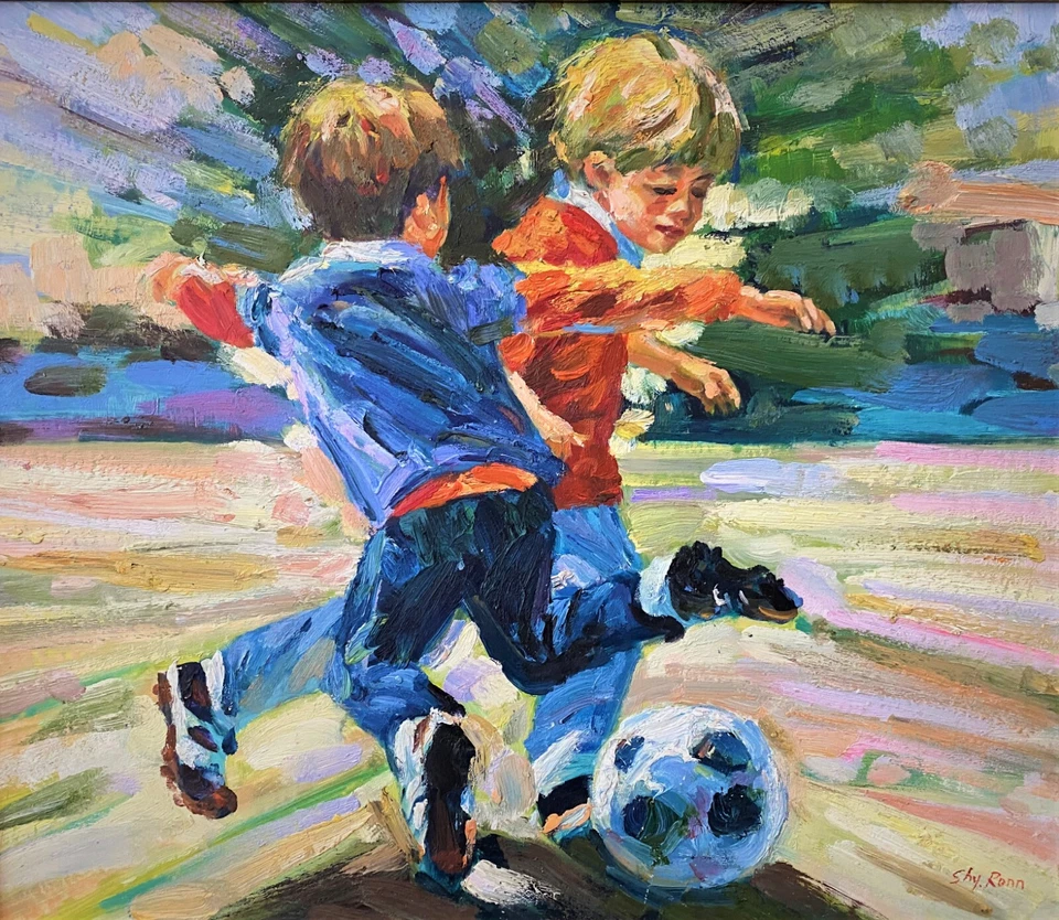 Pintura al óleo original grande - niños jugando al fútbol - impresionista - marco moderno Foto 2 de 3
