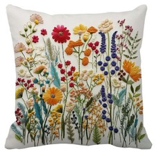 Wildflower Faux Embroidery Print 18x18 Inch Throw Pillow Cover Faux Embroider...