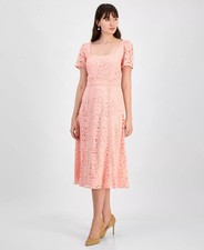 Anne Klein Lace Midi Dress 6 Blossom Soft Pink Shift Puff Sleeve NWT $149
