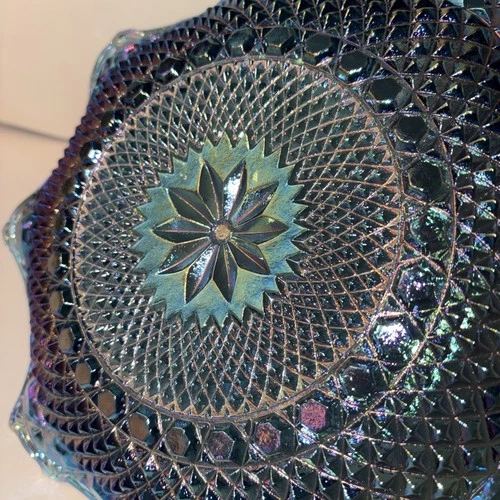 Vintage Blue/Purple Iridescent Carnival Glass 10" Ruffled Starburst/Diamond Bowl