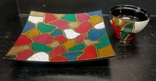 Vintage Black Lacquered Colorful Acrylic Enamel Chip & Dip Service Set 