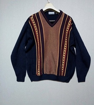 Vintage Tom Hanson V Neck Pullover XL Navy gemustert vorne 80er 90er Made in UK