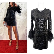 Alice + Olivia Delora Black Sequin Feather Mini Dress US 8 Cocktail Party