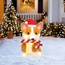 21" LED CORGI DOG  W CANDY CANE TINSEL LIGHTED YARD DECOR