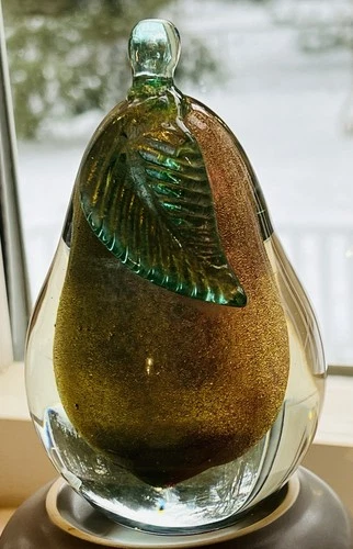 Murano Pear Aqua Green w/Gold Fleck Bookend Paperweight