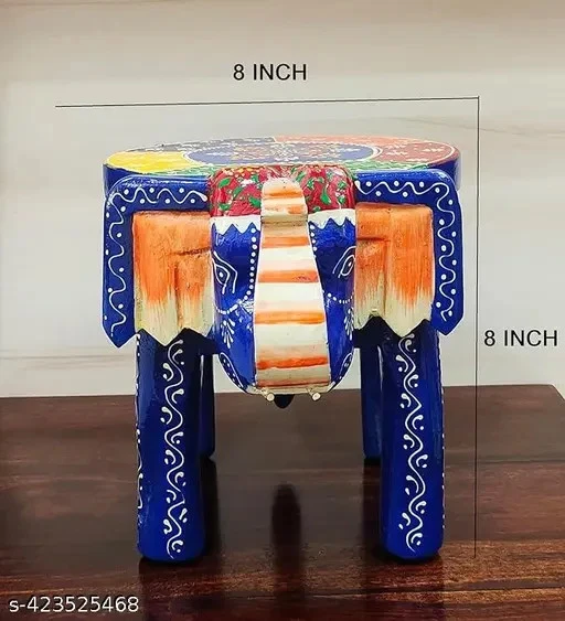Indian Handmade Wooden Elephant Shape Multi Color Room Side Table Statue Stool - Image 4 of 4