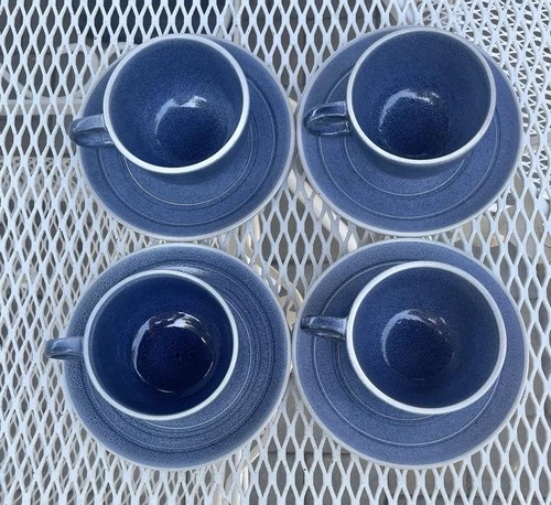 Set of 4 Heath Pottery Granite Blue Coupe Cups & Saucers Speckled Sausalito