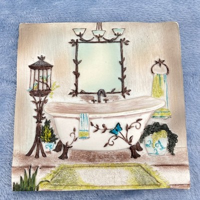 New View Wall Art Plaque Bathroom Scene Bath Tub Plants Butterflies Rustic Decor