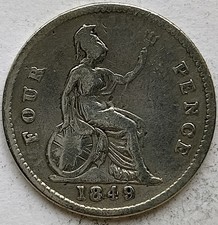1849 Queen Victoria 4d Fourpence Groat Coin 9.25 Silver Very Fine Grade