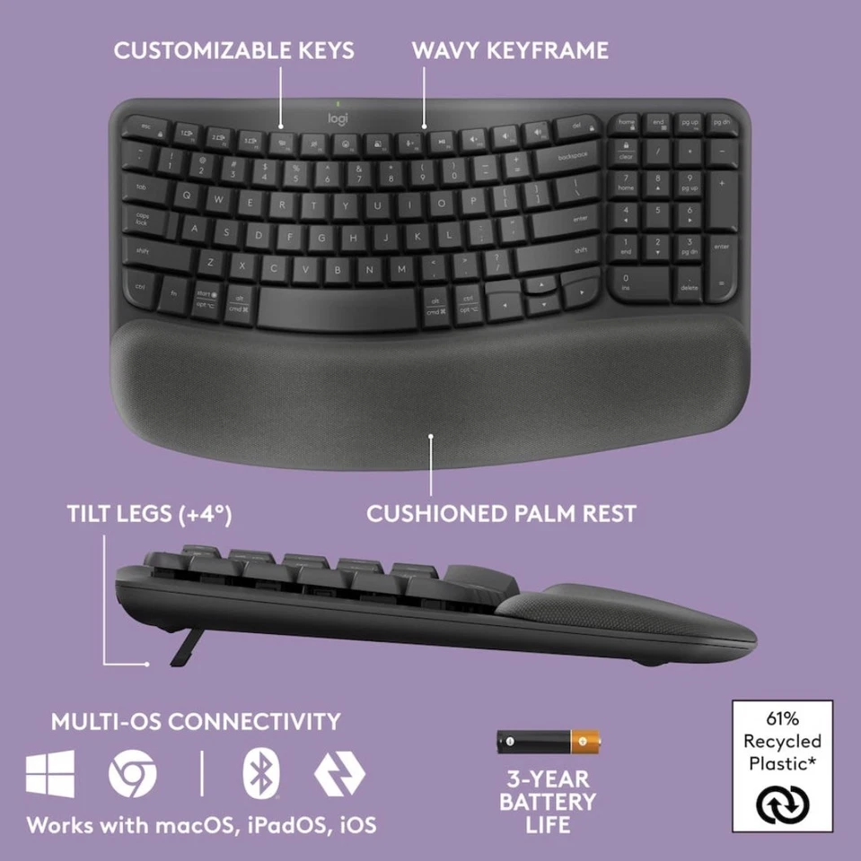 Logitech Wave Keys MK670 Combo Ergonomic Wireless Keyboard & Mouse Bundle - Image 2 of 3