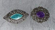 Lot of 2 Victorian Look Green Purple Swirl Brooches Pins