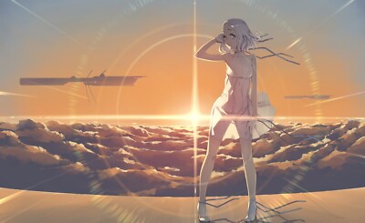 Anime girls standing sky sunlight playmat gaming mat
