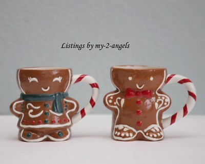 S/2 NEW Pottery Barn Christmas MR. SPICE & MS. SPICE GINGERBREAD STONEWARE MUGS