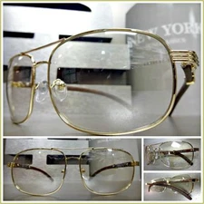 CLASSIC VINTAGE RETRO Hip Hop Style Clear Lens EYE GLASSES Gold Faux Wood Frame