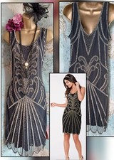 Gatsbylady black silver Francesca lace beaded 20s Party evening gatsby dress 14