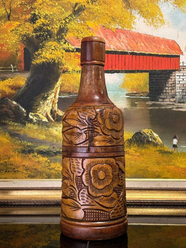 复古木质雕刻瓶架带 Foral Designs 葡萄酒或香水瓶 — 第 4/4 张图片