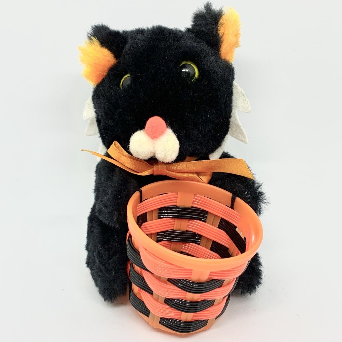 Vintage Halloween Plush Black Cat Woven Orange Candy Basket Acme