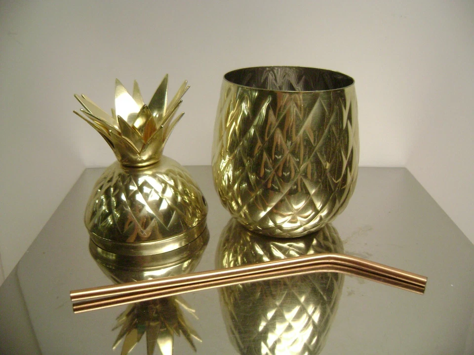 JUEGO DE 4 VASOS DE PIÑA DE ACERO INOXIDABLE DORADO POSAVASOS DE VIDRIO DE CHUPITO Foto 3 de 4