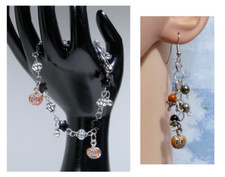 Halloween Jewelry Set/Silver Charm Bracelet Earrings w Jack o Lanterns Stars