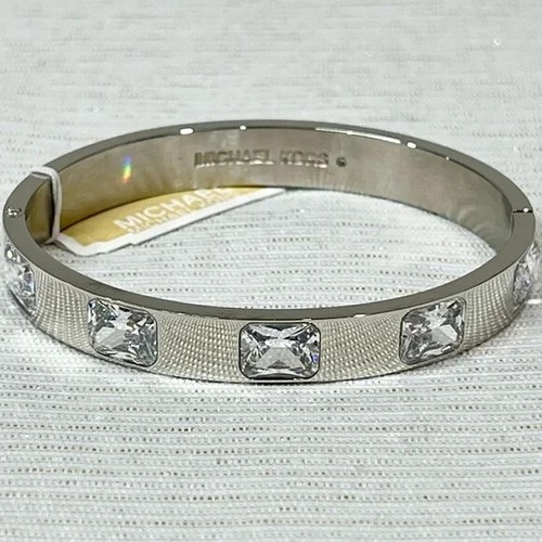 Nwt - MICHAEL Michael Kors Silver Tone Hinged Bangle Bracelet With Clear Stones - Picture 6 of 10
