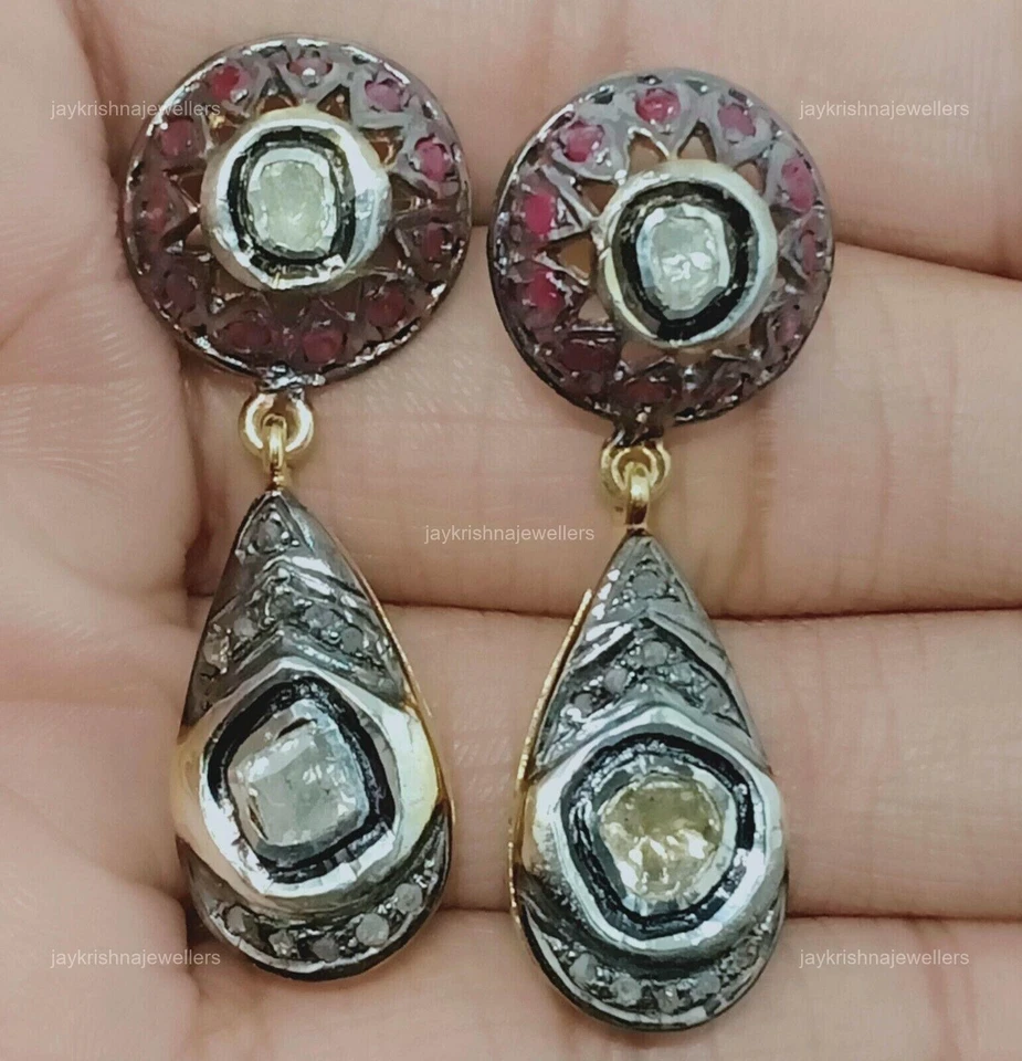 Women's Polki Diamond Teardrop Earring, 925 Silver Ruby Gemstone Earring Wedding - Image 4 of 4