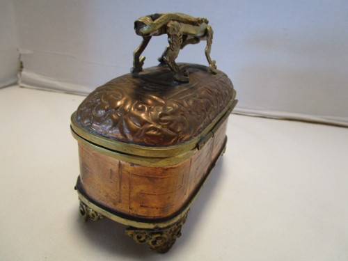 Vintage Copper Casket box w/ a Dragon Handle footed Hinged embossed 5.6"W Asian - Picture 3 of 13