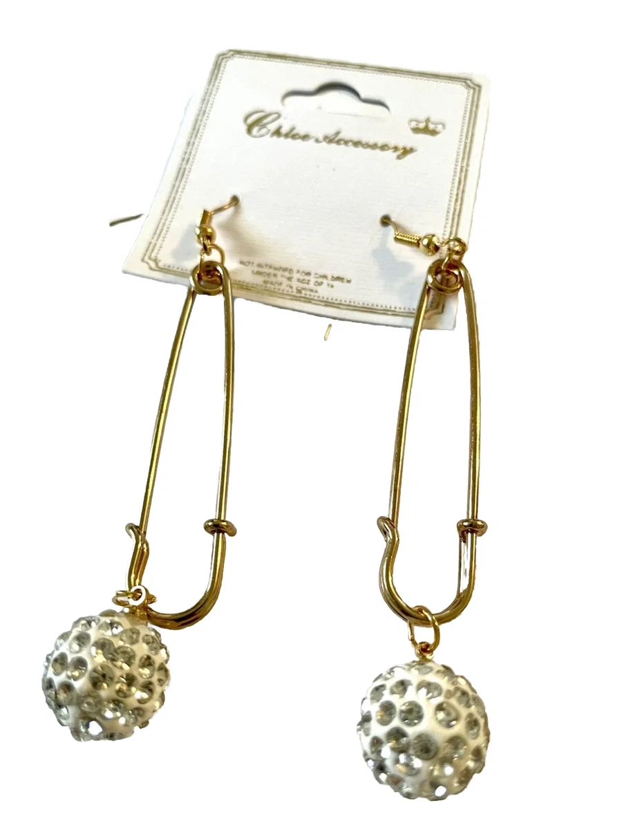 Chloe Accessories kilt pin hook earrings white pave balls GOLDTONE